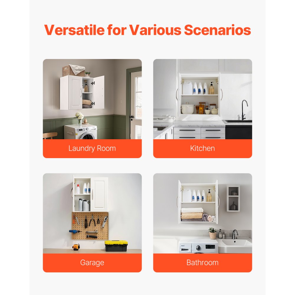 VEVOR Wandschrank für Waschküche Wandschrank, 2-stöckiger Wandhängeschrank (T x B x H / 30 x 60 x 60 cm) mit 2 Türen, Schrank-Organizer mit verstellbarem Regal, für Küche Garage Wäscherei weiß