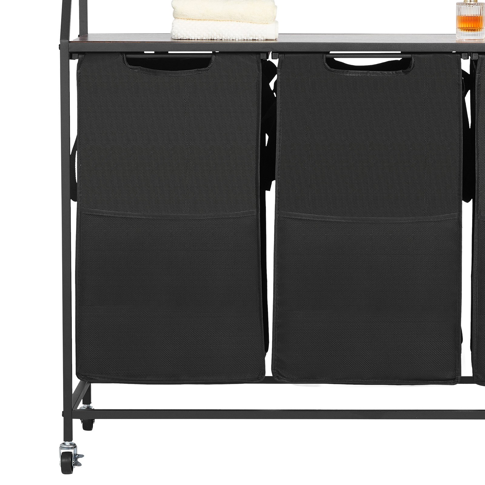 VEVOR 2 Tiers Laundry Sorter, Tall Laundry Hamper with Metal Frame and Wooden Tabletop, 3 Section Rolling Basket Organizer Storage with Ladder Shelves and 600D Oxford Cloth Bags for Dirty Clothes