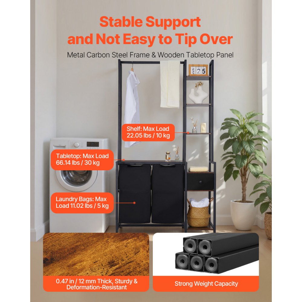 VEVOR Wäschekorb Wäschesortierer mit 2 Fächern (600D Oxfordstoff) & 1 Schublade, Wäschesammler mit Leiterregalen, Wäschetrenner Wäsche-Sortiersystem für schmutzige Kleidung Waschküche Schwarz