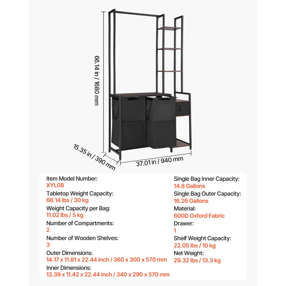 VEVOR 3 Tiers Laundry Sorter with Rack, Tall Laundry Hamper with Shelves and Drawers, 2 Section Freestanding Hanging Rack Storage with 600D Oxford Cloth Bags and Ladder Shelves for Dirty Clothes