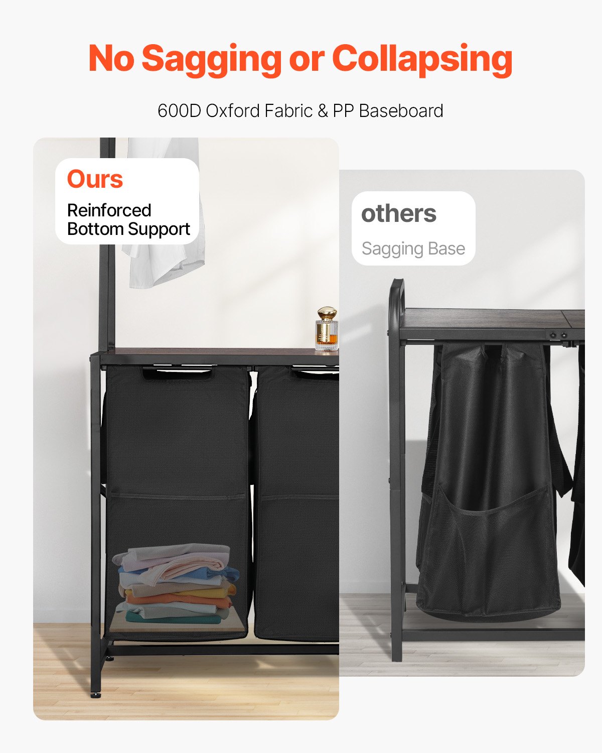 VEVOR 3 Tiers Laundry Sorter with Rack, Tall Laundry Hamper with Shelves and Drawers, 2 Section Freestanding Hanging Rack Storage with 600D Oxford Cloth Bags and Ladder Shelves for Dirty Clothes