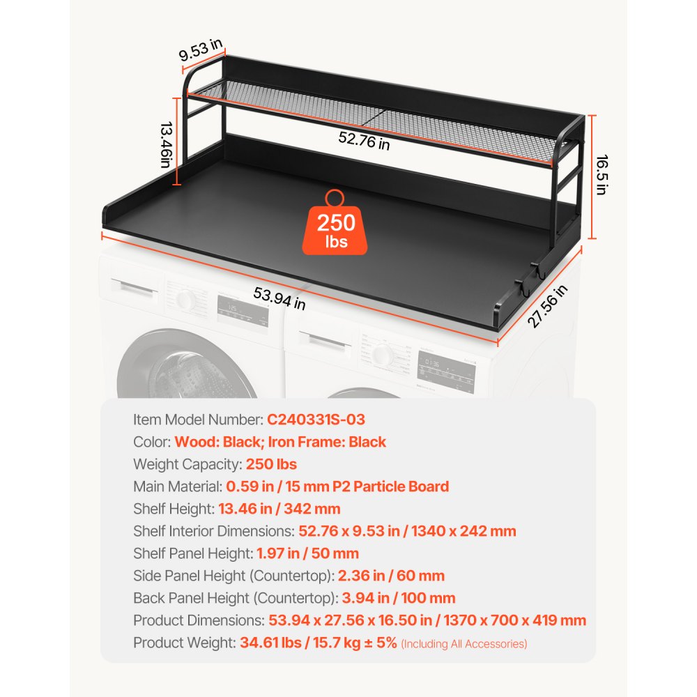 VEVOR Arbeitsplatte für Waschmaschine und Trockner mit 2-stufigem Regal (1370 x 700 x 419 mm) Trommelregal mit Anti-Rutsch-Pads, wasserabweisende Wäscheauflage für Aufbewahrung schwarz