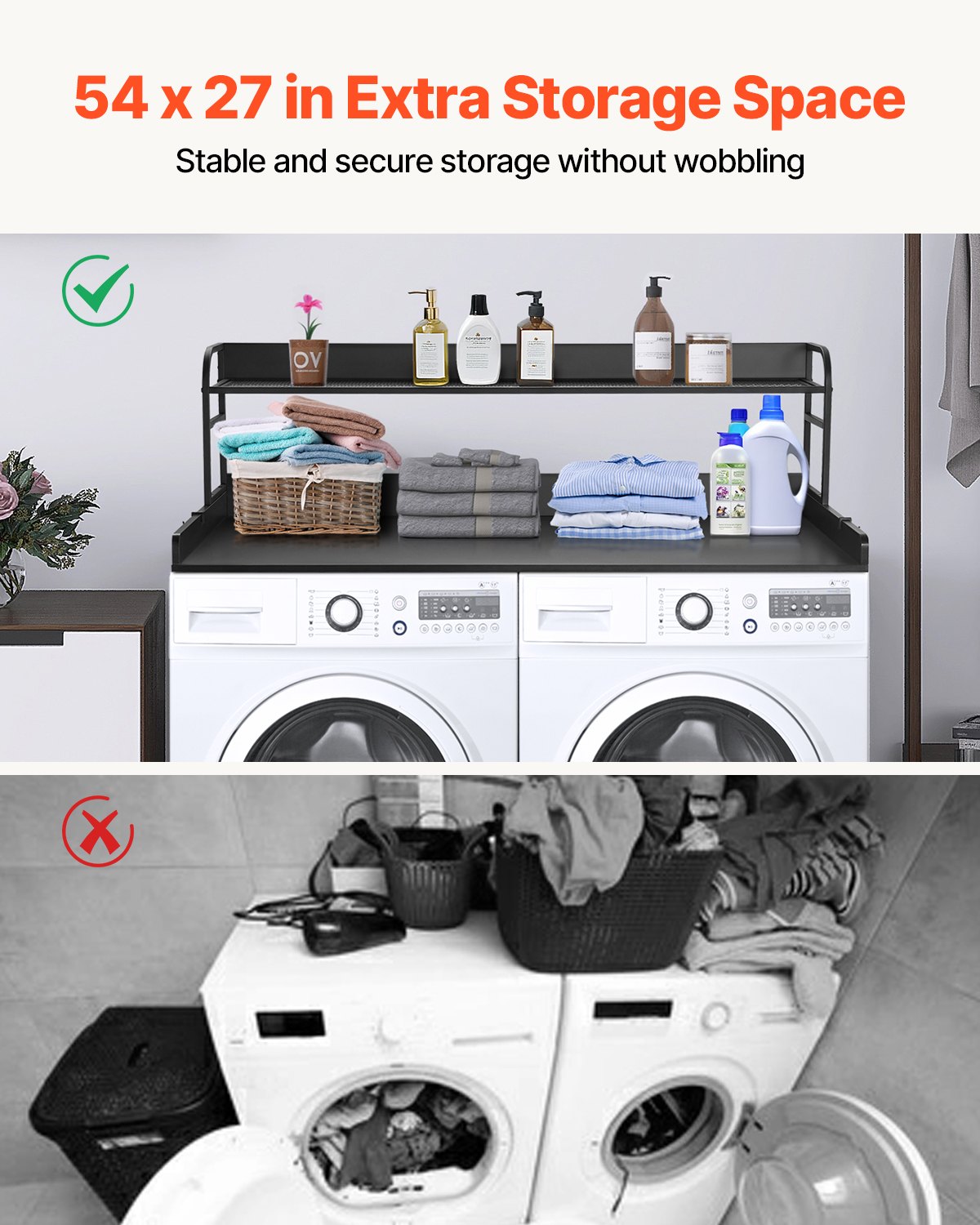 VEVOR worktop for washing machine and dryer with 2-tier shelf (1370 x 700 x 419 mm) Drum shelf with anti-slip pads, water-repellent laundry storage mat, black