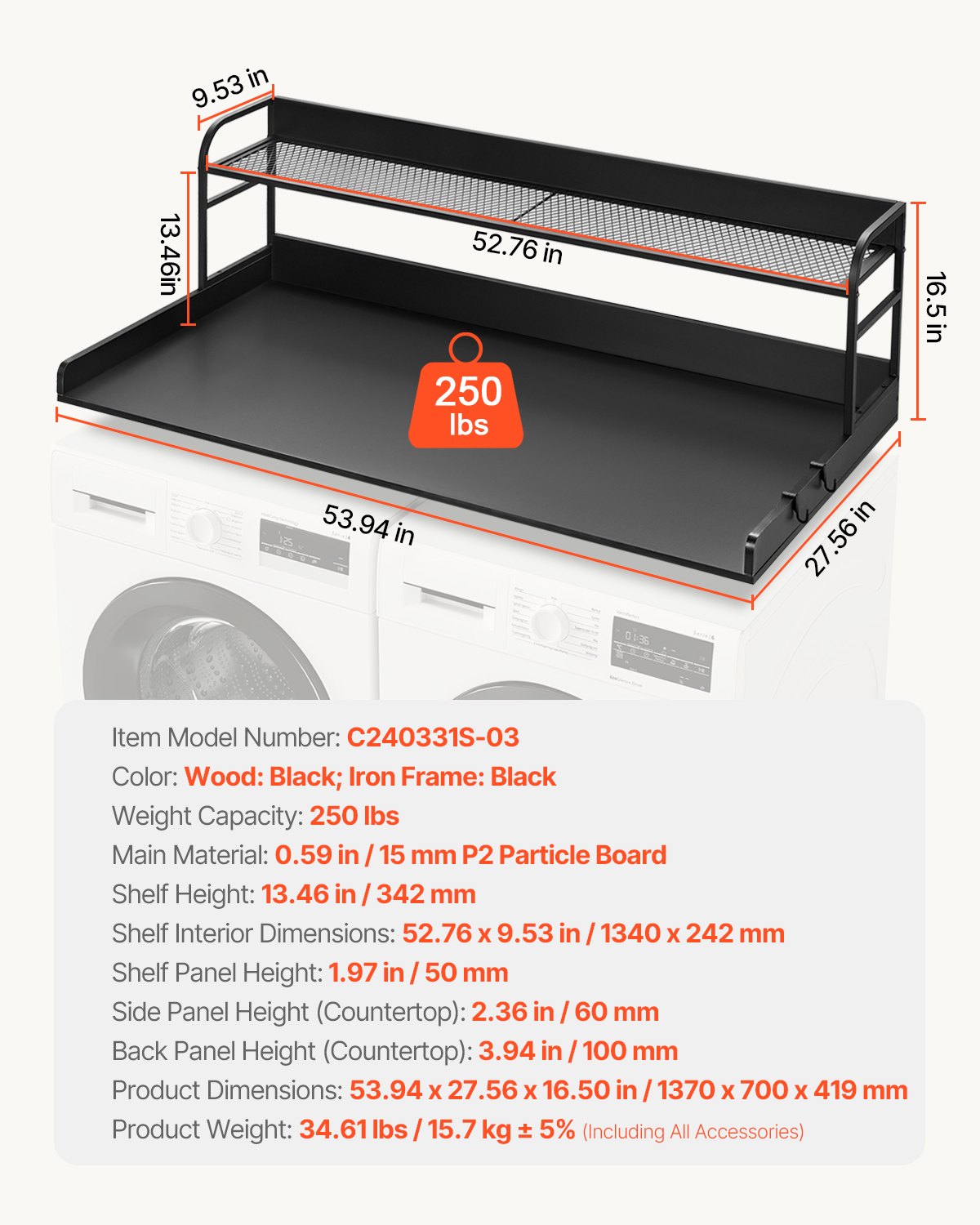 VEVOR worktop for washing machine and dryer with 2-tier shelf (1370 x 700 x 419 mm) Drum shelf with anti-slip pads, water-repellent laundry storage mat, black