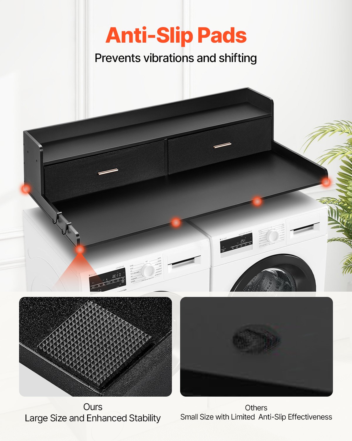 VEVOR worktop for washing machine & dryer with 2 drawers & 2-tier shelf, worktop (1370 x 700 x 305 mm) wood for machine washing and dryer with non-slip pads, water-repellent