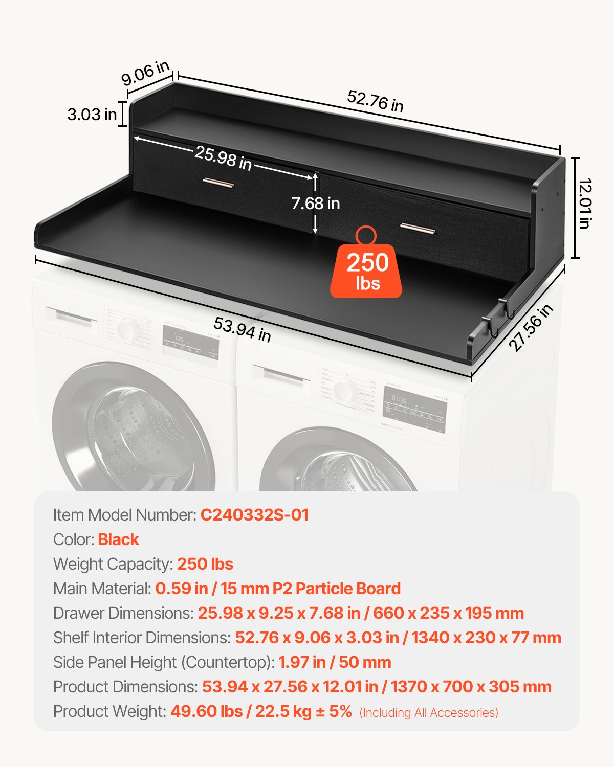 VEVOR worktop for washing machine & dryer with 2 drawers & 2-tier shelf, worktop (1370 x 700 x 305 mm) wood for machine washing and dryer with non-slip pads, water-repellent
