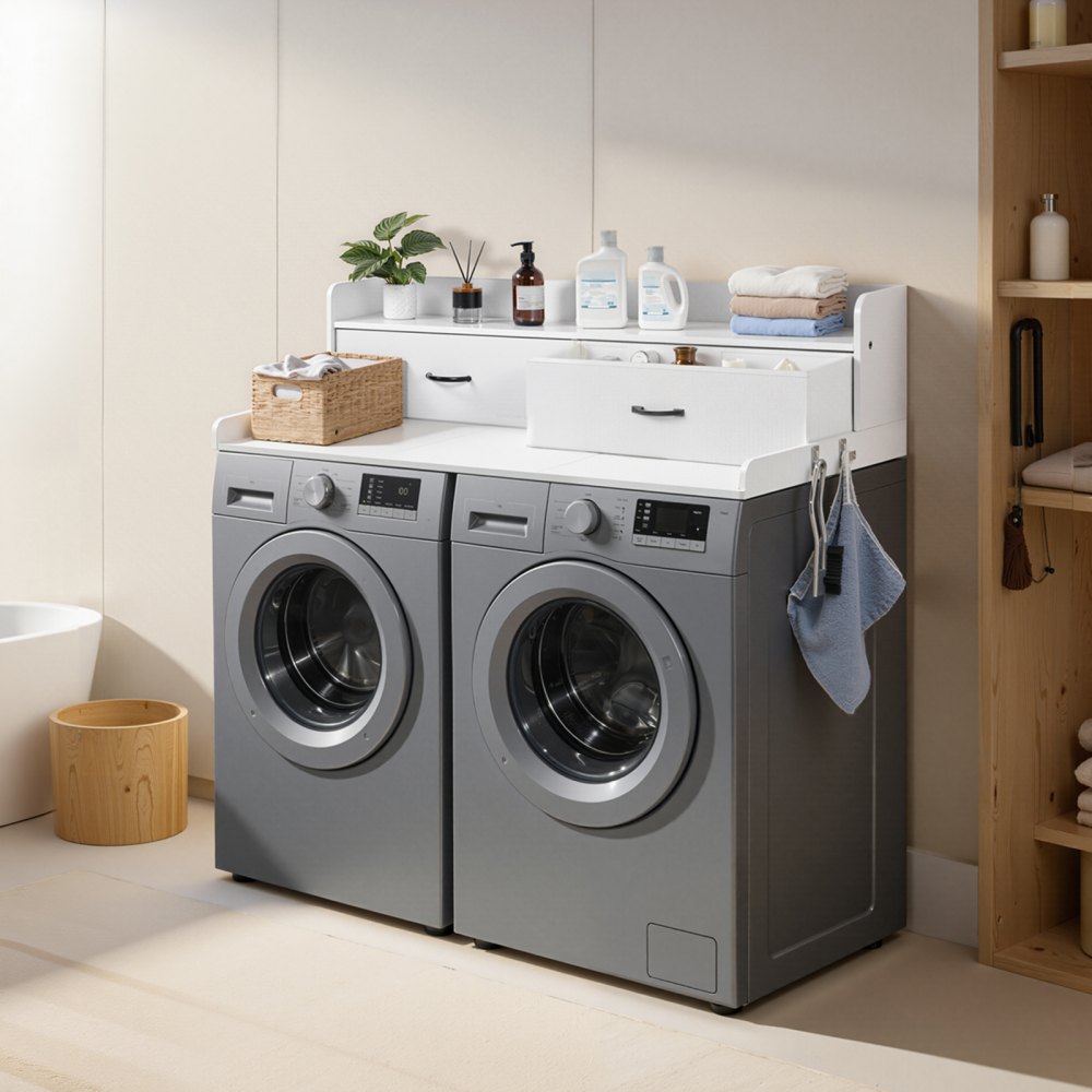 VEVOR Arbeitsplatte für Waschmaschine & Trockner (137 x 69,9 cm) mit Ablage & 2 Schubladen & Haken, für Wäscheschrank Speisekammer Küchentheke, 113 kg Belastbar, Weiß, Ablagefläche für Waschmittel