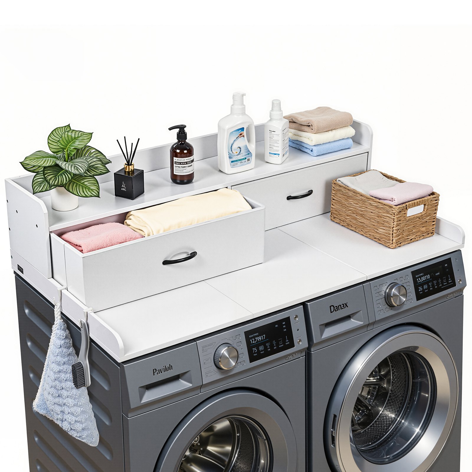 VEVOR Arbeitsplatte für Waschmaschine & Trockner (137 x 69,9 cm) mit Ablage & 2 Schubladen & Haken, für Wäscheschrank Speisekammer Küchentheke, 113 kg Belastbar, Weiß, Ablagefläche für Waschmittel