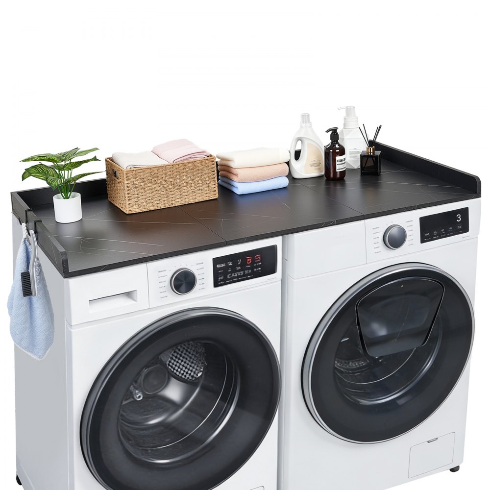 VEVOR Arbeitsplatte für Waschmaschine & Trockner (137 x 69,9 cm) mit Erhöhtem Rand & Haken, zur Organisation und Aufbewahrung im Wäscheschrank Speisekammer Küchentheke, bis 113 kg Belastbar, Schwarz