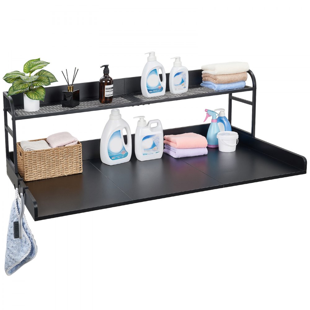 VEVOR Arbeitsplatte für Waschmaschine & Trockner (137 x 69,9 cm) mit Haken & Ablage, zur Organisation und Aufbewahrung im Wäscheschrank Speisekammer Küchentheke, bis 113 kg Belastbar, Schwarz