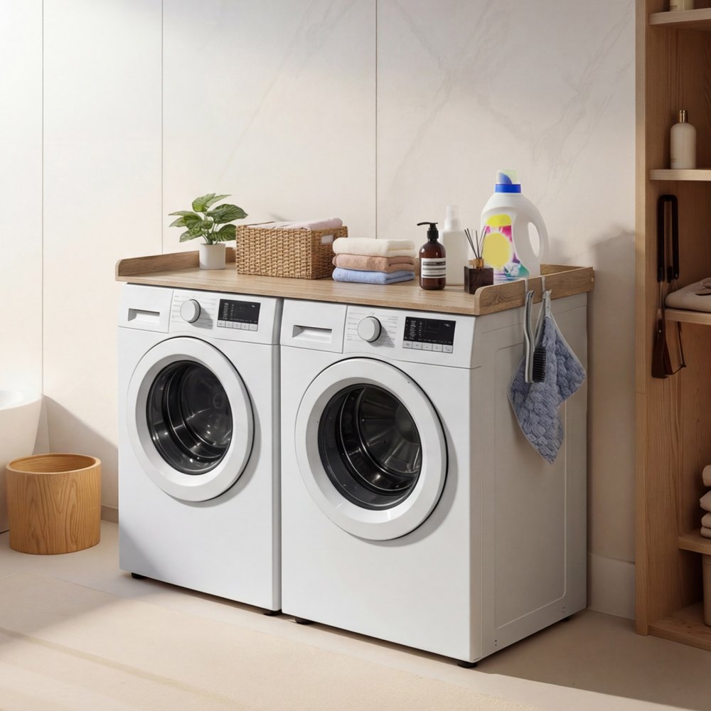 VEVOR Arbeitsplatte für Waschmaschine & Trockner (137 x 69,9 cm) mit Erhöhtem Rand & Haken, zur Organisation und Aufbewahrung im Wäscheschrank Speisekammer Küchentheke, 113 kg Belastbar, Eichenoptik