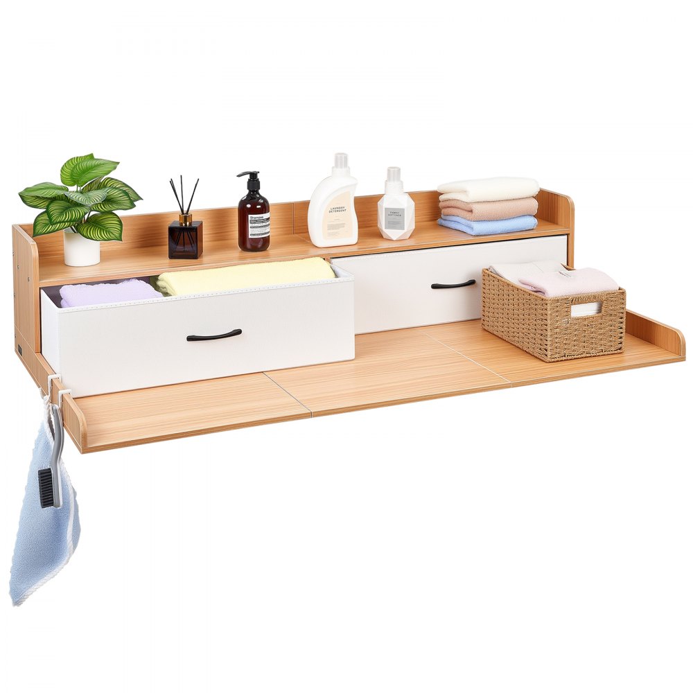 VEVOR Arbeitsplatte für Waschmaschine und Trockner (137 x 69,9 cm) mit Ablage & 2 Schubladen & Haken, Geeignet für Wäscheschrank Speisekammer Küchentheke, 113 kg Belastbar, Natürlicher Holzton