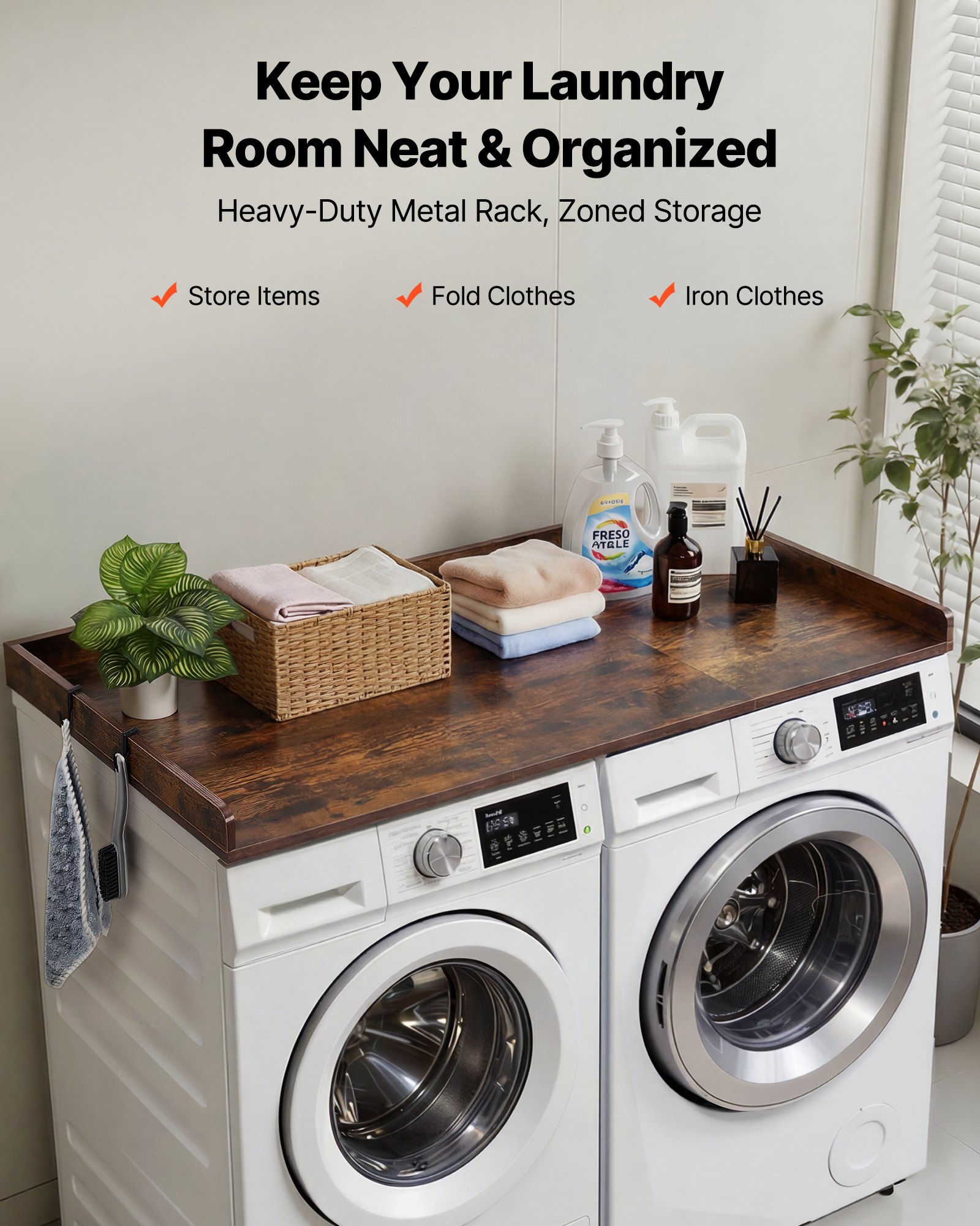 VEVOR Washer Dryer Countertop, 137 x 69.9 cm Wooden Washer and Dryer Topper with Edge & Hooks, Water-Resistant Laundry Machine Topper for Laundry Closet Pantry Counter Organization and Storage, Brown