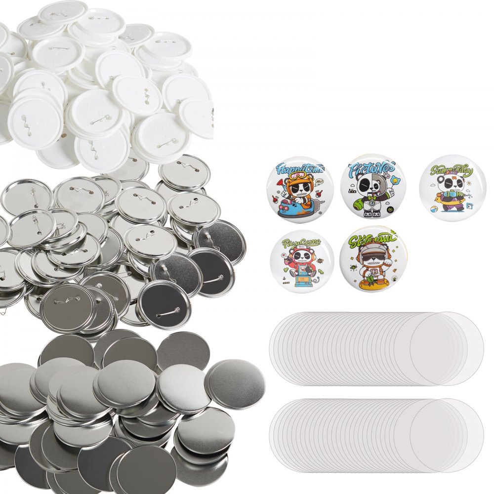 Teile für den VEVOR-Buttonmaker, darunter Buttons, Anstecknadeln, lebendige Buttondesigns und Maker-Maschinen.