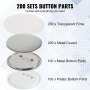 200 Sets VEVOR-Buttonmaker-Teile, einschließlich transparenter Folien, Metallabdeckungen und Bodenteile.