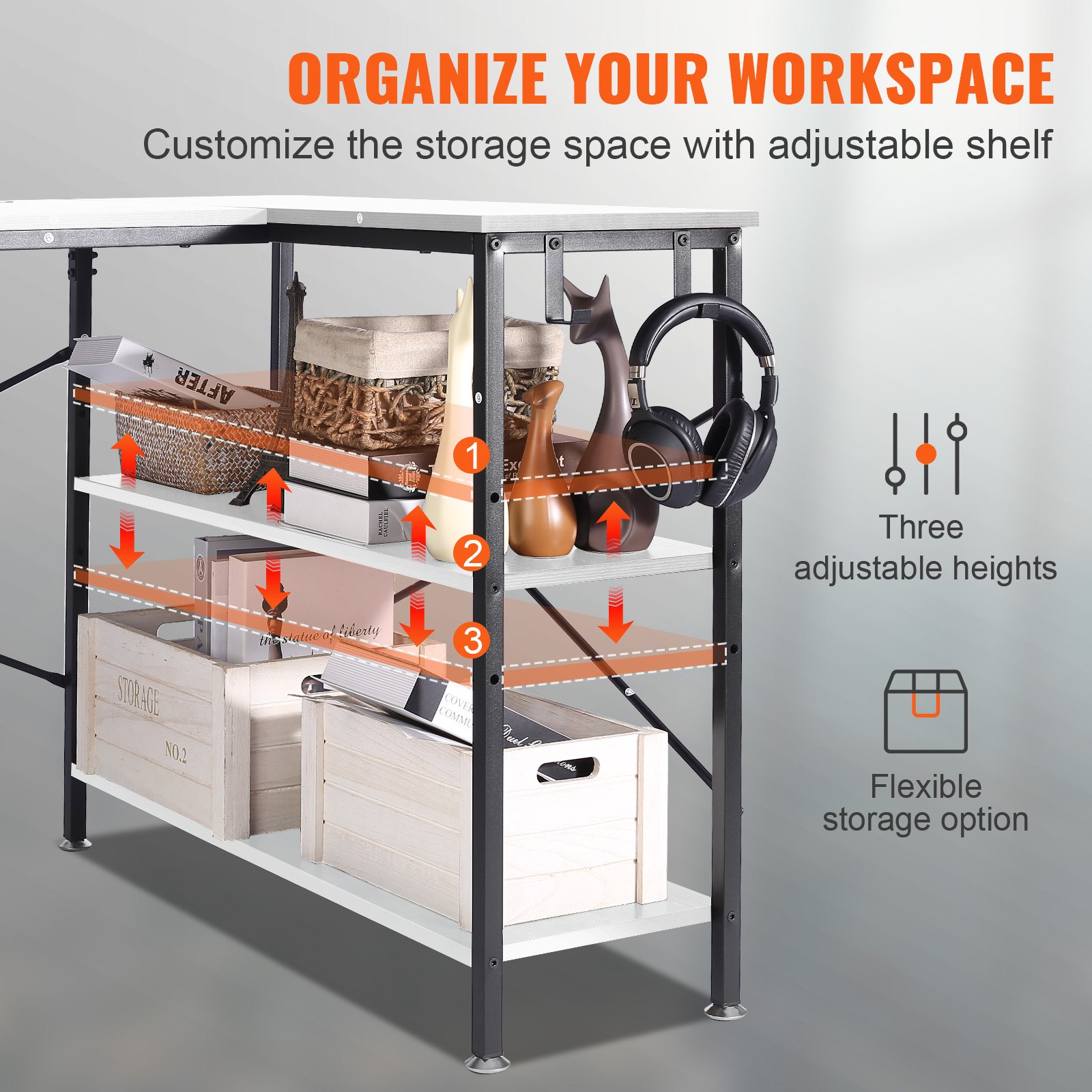 VEVOR Eckschreibtisch L-Förmiger Schreibtisch Weiß 1200 x 890 x 760 mm L-förmiger Tisch, Schreibtisch L Form, Platzsparend mit Doppel-Regalen & Haken, Ideal für Arbeitszimmer, Zuhause, Büro usw.