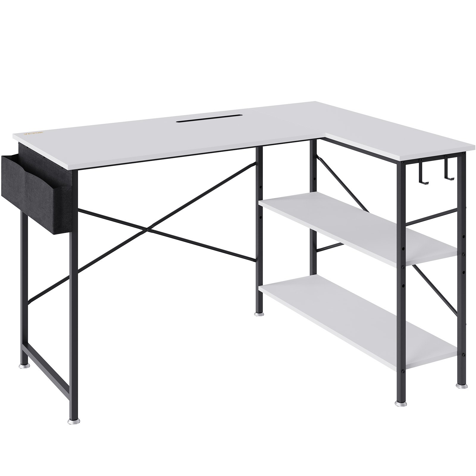 VEVOR Eckschreibtisch L-Förmiger Schreibtisch Weiß 1200 x 890 x 760 mm L-förmiger Tisch, Schreibtisch L Form, Platzsparend mit Doppel-Regalen & Haken, Ideal für Arbeitszimmer, Zuhause, Büro usw.