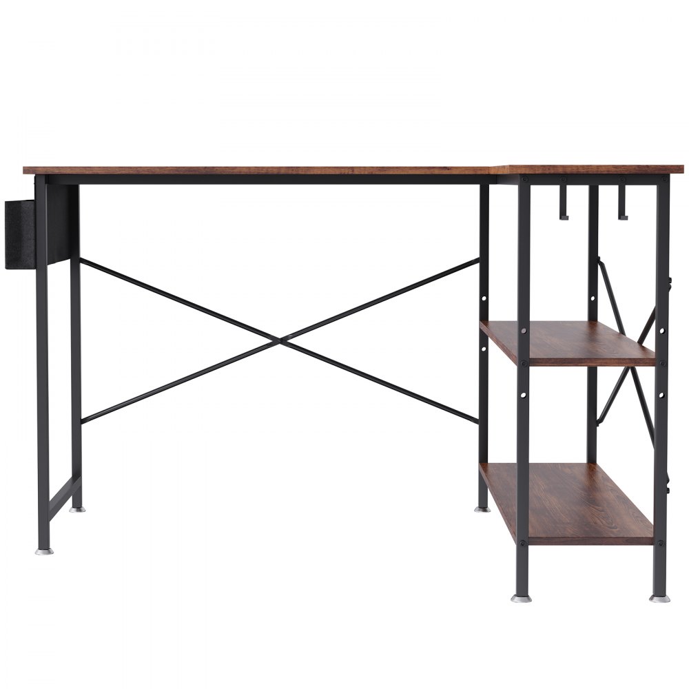 VEVOR Eckschreibtisch L-Förmiger Schreibtisch Braun 1200 x 890 x 760 mm L-förmiger Tisch, Schreibtisch L Form, Platzsparend mit Doppel-Regalen & Haken, Ideal für Arbeitszimmer, Zuhause, Büro usw.