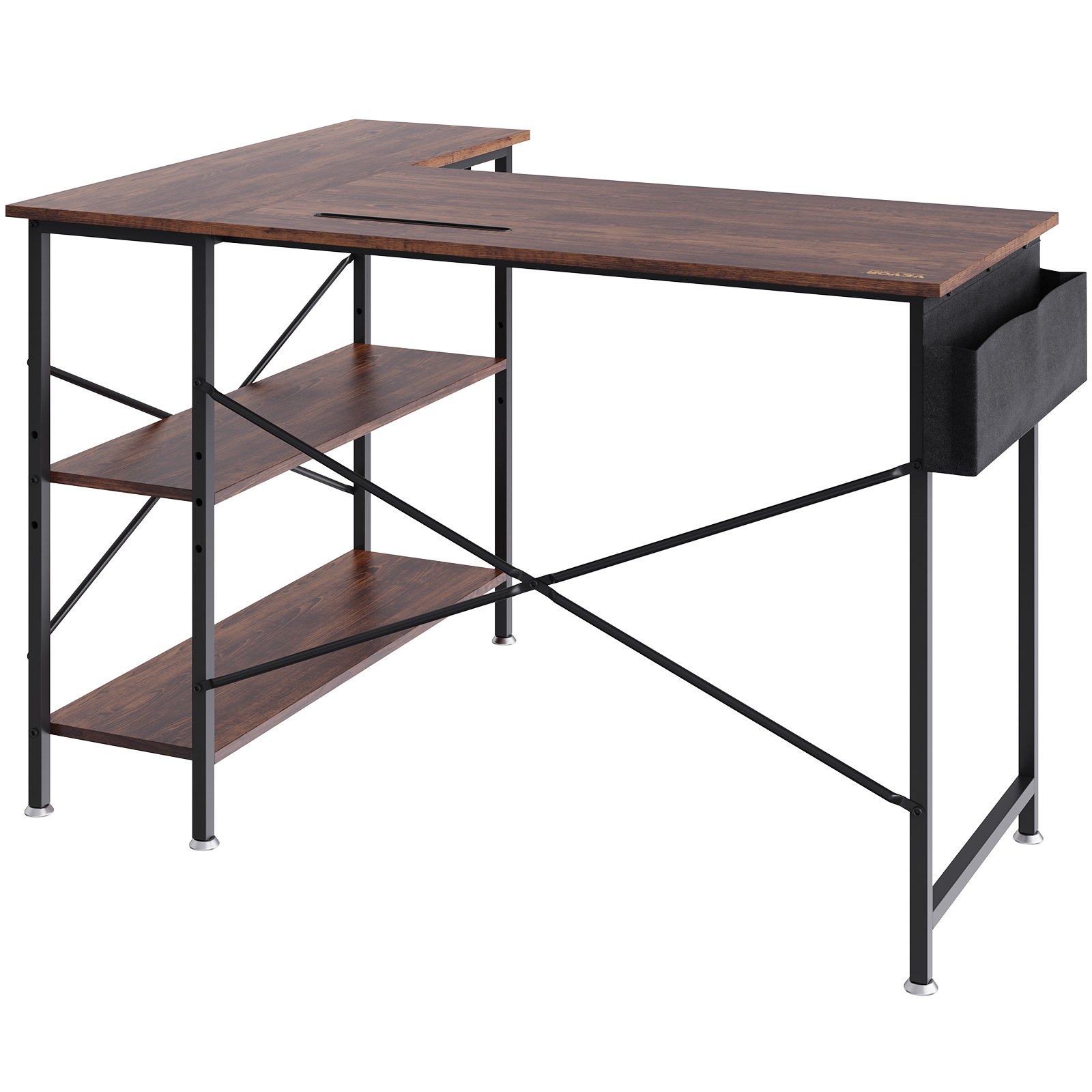 VEVOR Eckschreibtisch L-Förmiger Schreibtisch Braun 1200 x 890 x 760 mm L-förmiger Tisch, Schreibtisch L Form, Platzsparend mit Doppel-Regalen & Haken, Ideal für Arbeitszimmer, Zuhause, Büro usw.