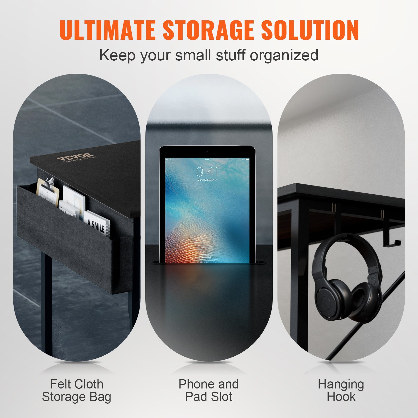 VEVOR Eckschreibtisch L-Förmiger Schreibtisch Schwarz 1200 x 890 x 760 mm L-förmiger Tisch, Schreibtisch L Form, Platzsparend mit Doppel-Regalen & Haken, Ideal für Arbeitszimmer, Zuhause, Büro usw.