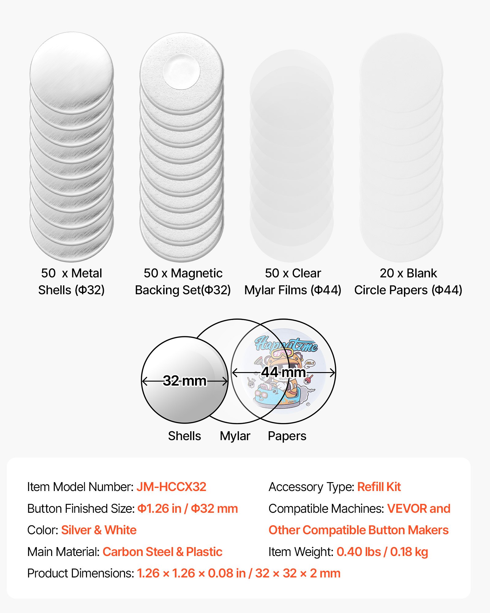 VEVOR Button Maker Supplies 50 Sets 1.26 in / 32 mm Refrigerator Magnets, Button Parts with Magnetic Backs, Metal Shells, Clear Mylar Films, and Blank Circle Papers, for Home DIY and Kitchen Decor
