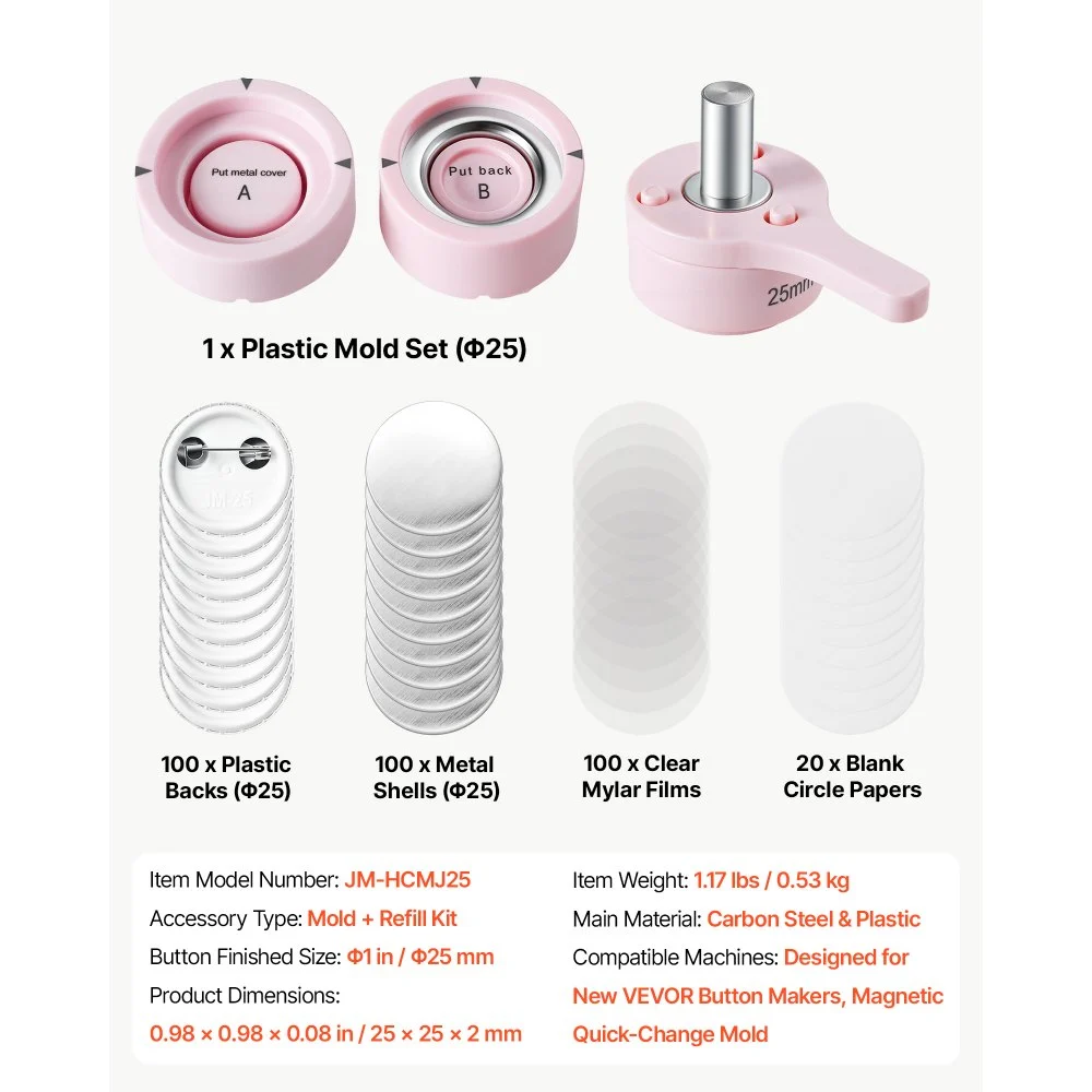 VEVOR Buttonrohlinge ⌀25 mm Zubehör für Buttonmaschine Austauschbare Form, Kompatibel mit der Buttonmaschine VEVOR JMB-801, mit 100 Rückseiten, 100 Hüllen, 100 transparente Folien & 20 Blanko-Papiere