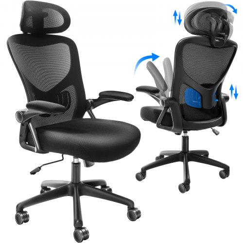 VEVOR Bürostuhl Ergonomisch, Schreibtischstuhl mit Verstellbarer Kopfstütze 60 mm, mit Armlehnen Lendenwirbelstütze, Drehstuhl Wippfunktion, Chefsessel aus Mesh, Rückenschonend, Bürostuhl 130 kg