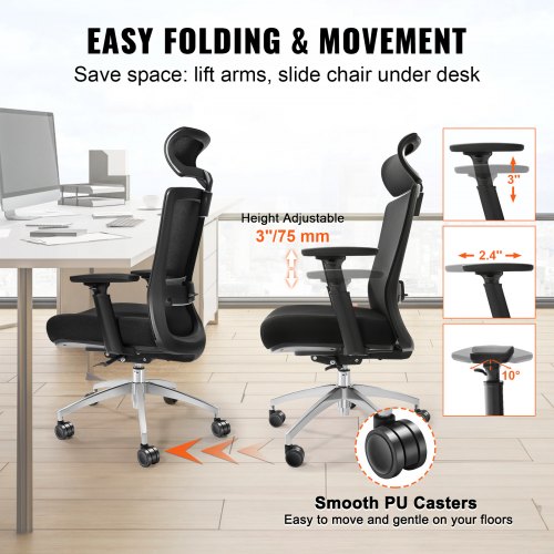 DEVAISE Bürostuhl Ergonomisch - 3D Armlehnen, Netzgewebe, Verstellbare Kopfstütze