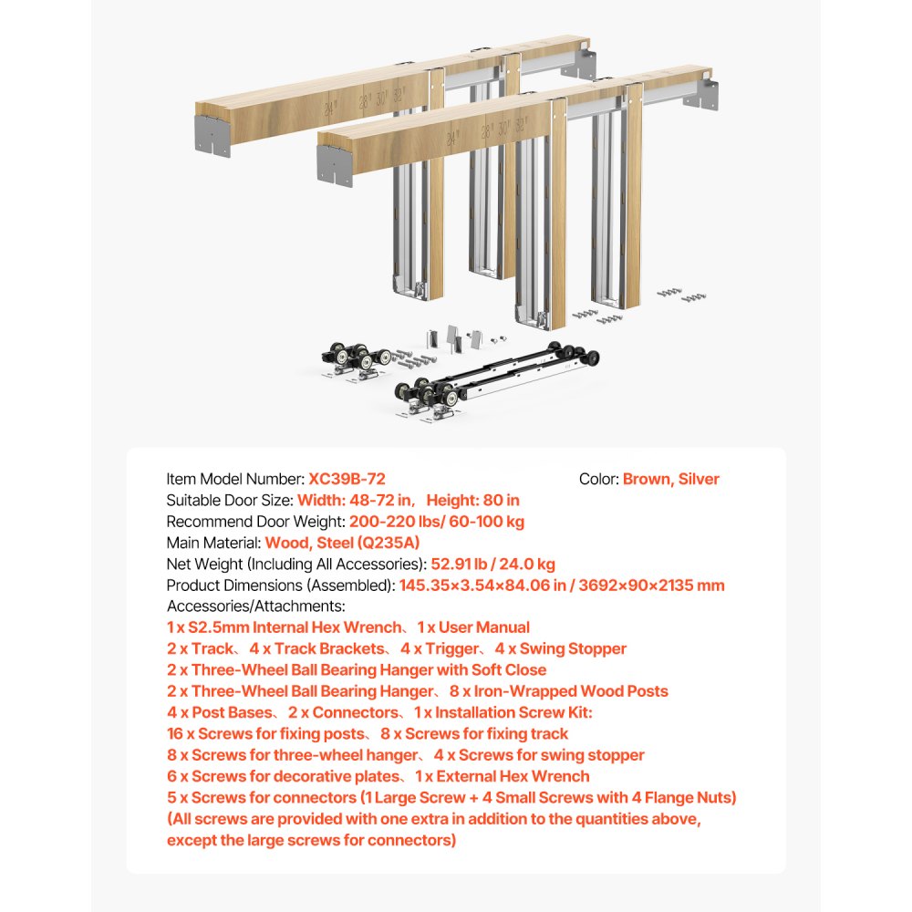 VEVOR Schiebetürrahmen-Set für 1219–1829 mm breite & 2032 mm hohe Türen, Schiebetürsystem-Set aus verzinkter Stahl & Holz mit Zwei-Wege-Soft-Close-Mechanismus & sanftem Gleiten, für Wohnzimmer