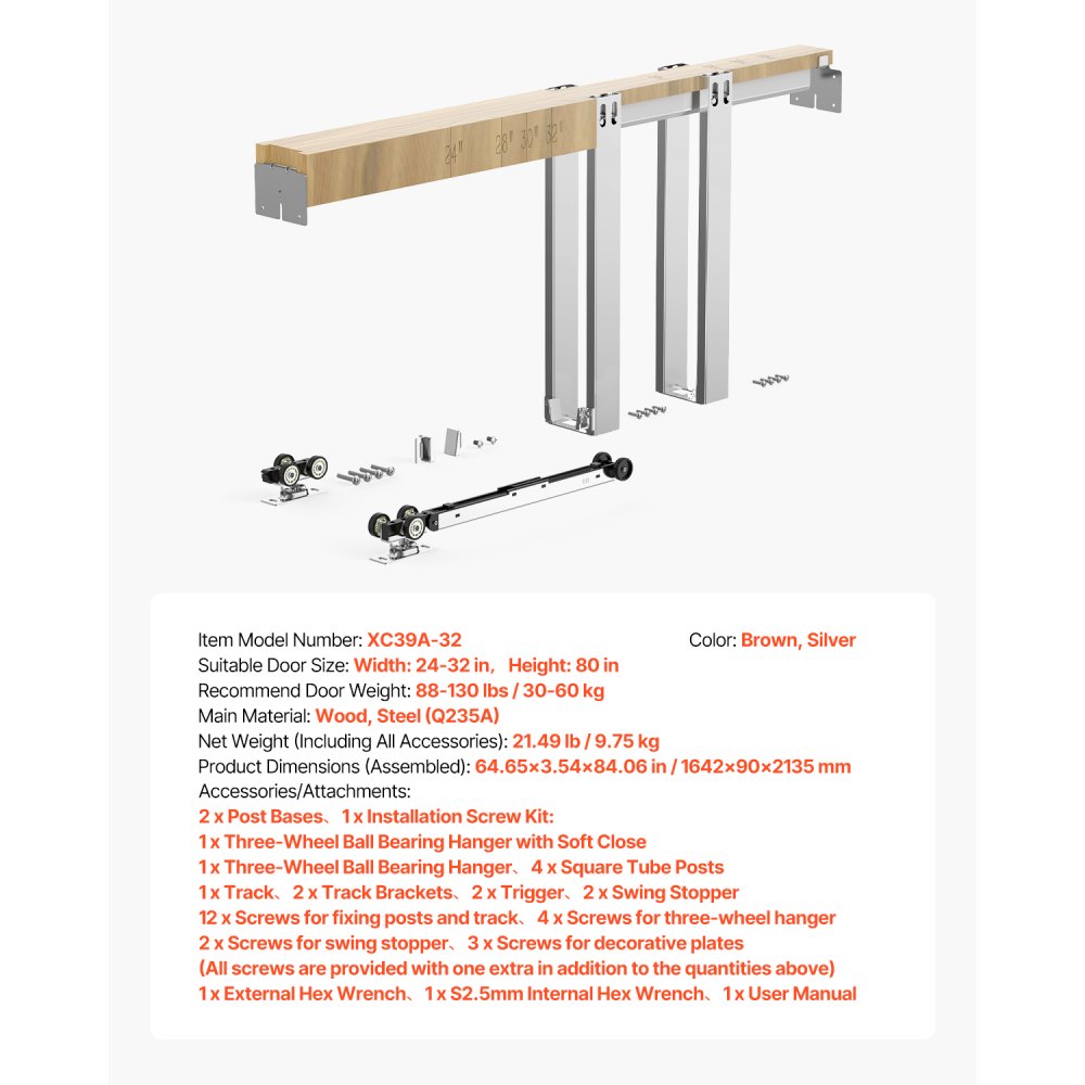 VEVOR Schiebetürrahmen-Set für 610–813 mm breite & 2032 mm hohe Türen, Schiebetür-Set aus verzinkter Stahl mit Zwei-Wege-Soft-Close-Mechanismus & sanftem Gleiten, für Wohnzimmer Badezimmer