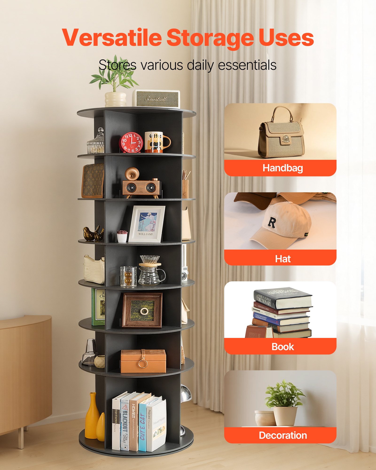 VEVOR Schuhregal Schuhschrank für 28 Paar Schuhe (7-stöckig) 360° drehbar, platzsparende Schuhaufbewahrung, Schuhablage für Schlafzimmer Wohnzimmer Eingangsbereich, Schwarz 598 x 598 x 1805 mm