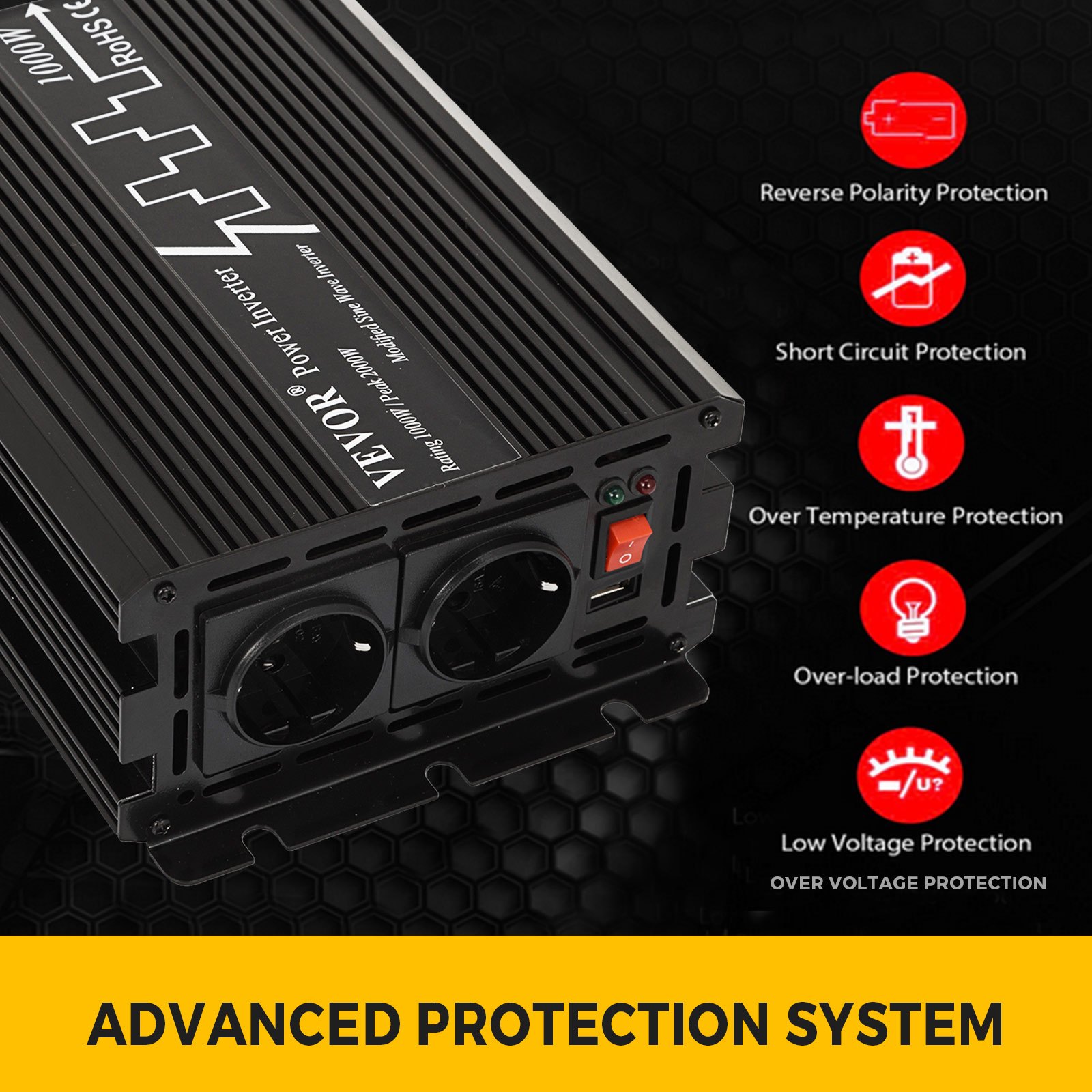 Mod Sinus Spannungswandler 12v 230v 1000w Max.2000w Wechselrichter Inverter