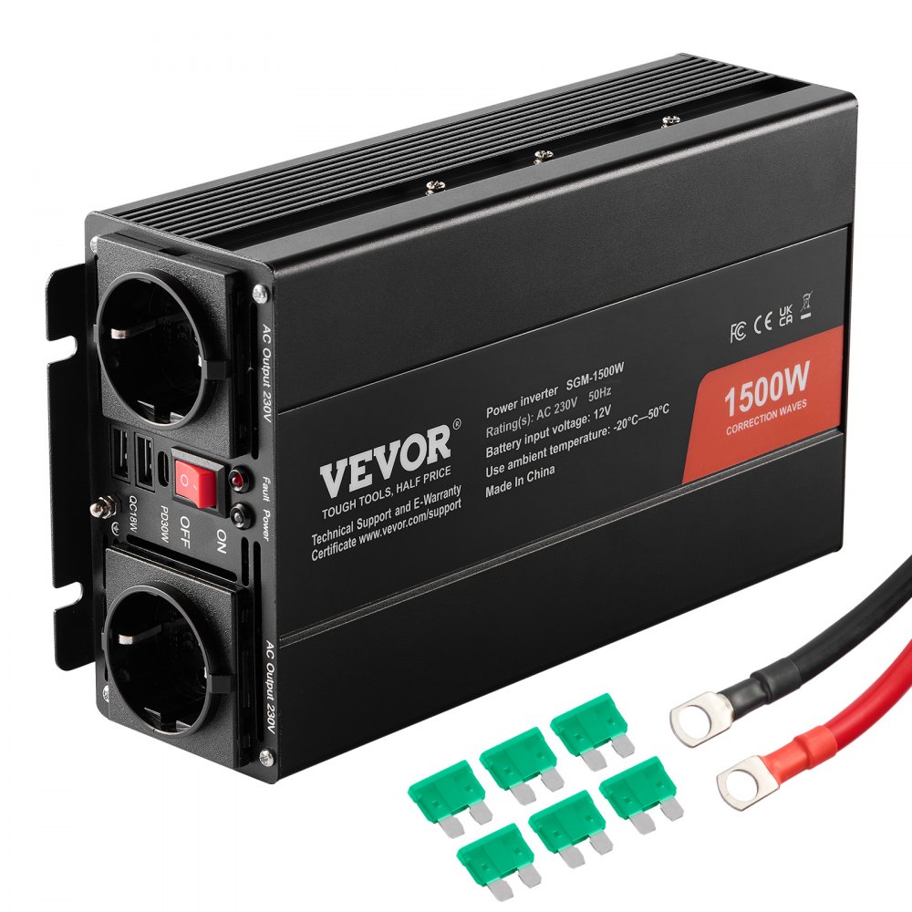 VEVOR Sinus-Wechselrichter, 1500 W DC 12 V AC 230 V Wechselrichter mit 2 AC-Steckdosen 2 USB-Anschlüssen 1 Typ-C-Anschluss 6 Ersatzsicherungen für kleine Haushaltsgeräte wie Smartphone-Laptops