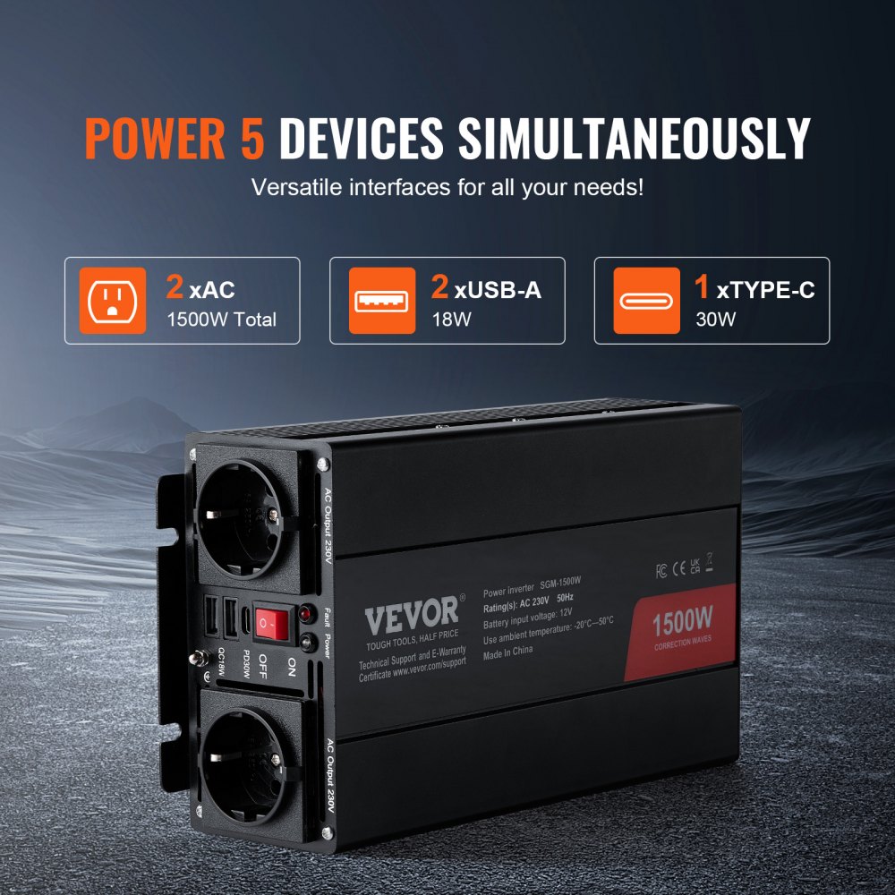 VEVOR sine wave inverter, 1500 W DC 12 V AC 230 V inverter with 2 AC sockets, 2 USB ports, 1 Type-C port, 6 spare fuses for small household appliances such as smartphones and laptops