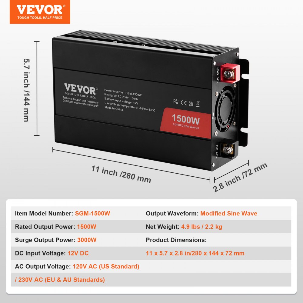 VEVOR sine wave inverter, 1500 W DC 12 V AC 230 V inverter with 2 AC sockets, 2 USB ports, 1 Type-C port, 6 spare fuses for small household appliances such as smartphones and laptops