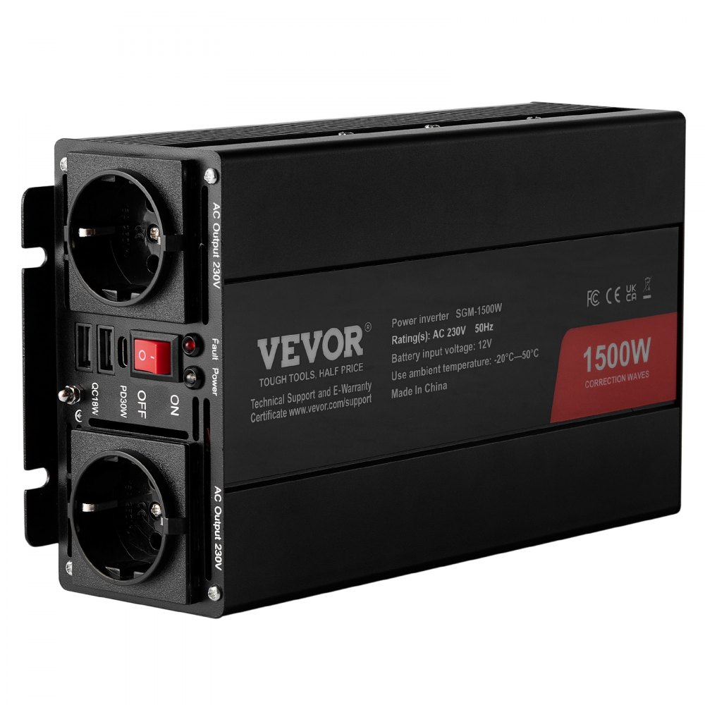 VEVOR sine wave inverter, 1500 W DC 12 V AC 230 V inverter with 2 AC sockets, 2 USB ports, 1 Type-C port, 6 spare fuses for small household appliances such as smartphones and laptops