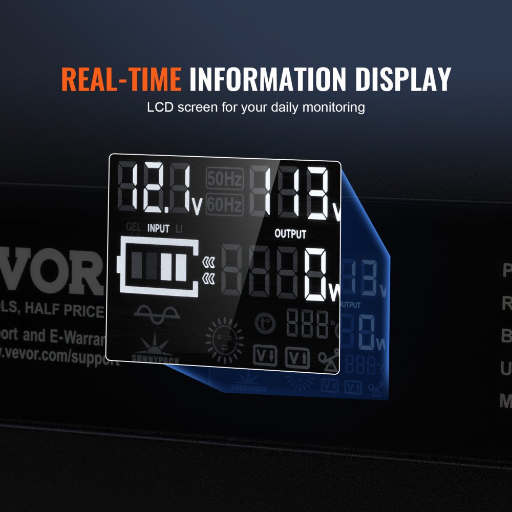 VEVOR Sinus-Wechselrichter 3000 W DC 12 V AC 230 V LCD-Display Wechselrichter mit 3 AC-Steckdosen 2 USB-Anschlüssen 1 Typ-C-Anschluss 10 Ersatzsicherungen für große Haushaltsgeräte