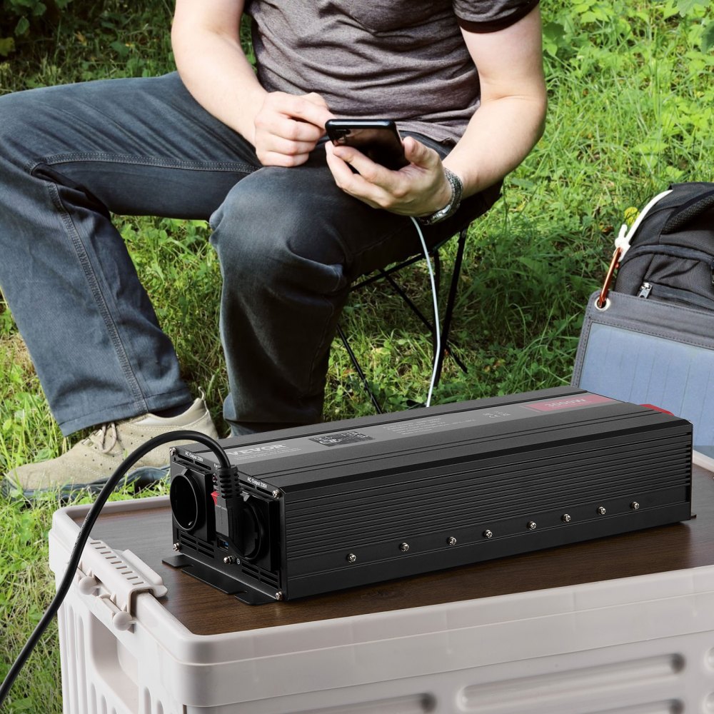 VEVOR Sinus-Wechselrichter 3000 W DC 12 V AC 230 V LCD-Display Wechselrichter mit 3 AC-Steckdosen 2 USB-Anschlüssen 1 Typ-C-Anschluss 10 Ersatzsicherungen für große Haushaltsgeräte