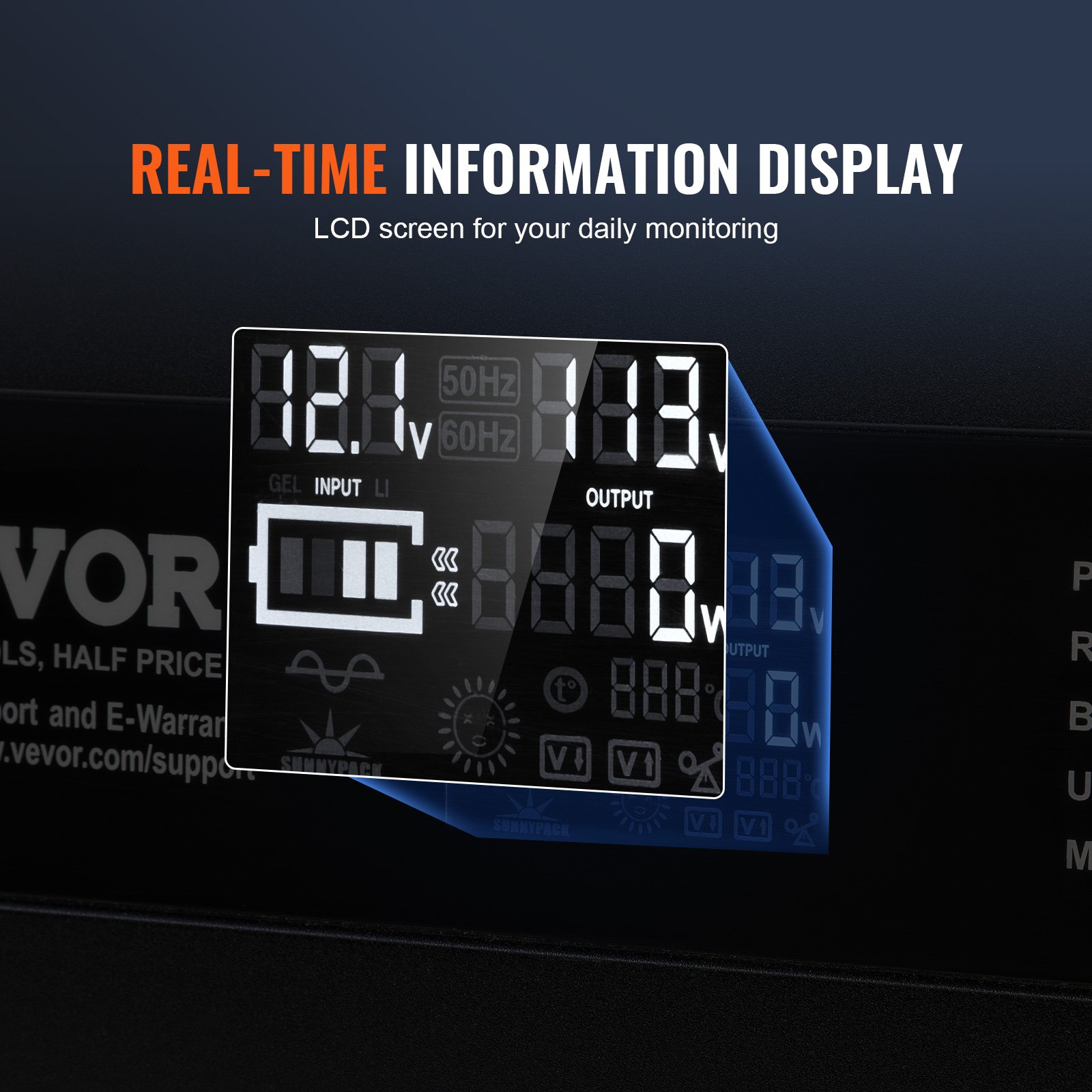 VEVOR Sinus-Wechselrichter 3000 W DC 12 V AC 230 V LCD-Display Wechselrichter mit 3 AC-Steckdosen 2 USB-Anschlüssen 1 Typ-C-Anschluss 10 Ersatzsicherungen für große Haushaltsgeräte