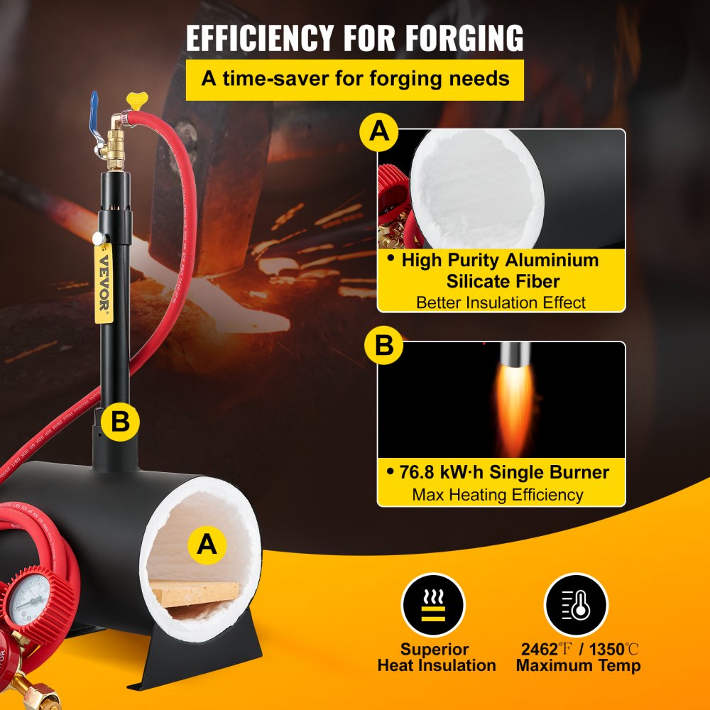 VEVOR Gas schmiedeofen 1350 °C, Brenner Schmiede 9 L, Schmiedeofen mit ein Brenner, Auskleidung mit Aluminiumsilikatfaser, Metallschmiede Max. Leistung 76,8 kWh / 262.000 BTU, Hufschmiede Rund, 7 kg