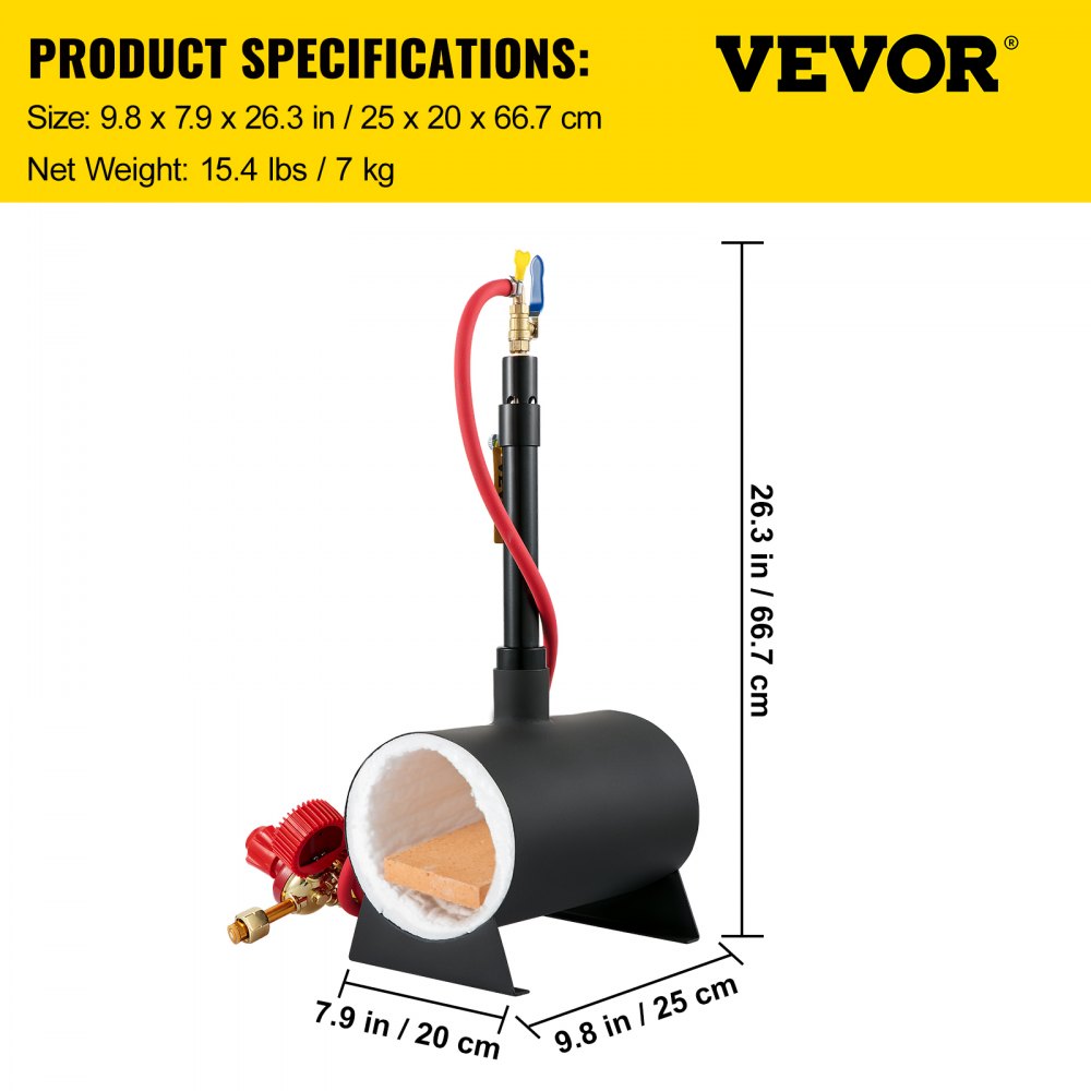 VEVOR Gas schmiedeofen 1350 °C, Brenner Schmiede 9 L, Schmiedeofen mit ein Brenner, Auskleidung mit Aluminiumsilikatfaser, Metallschmiede Max. Leistung 76,8 kWh / 262.000 BTU, Hufschmiede Rund, 7 kg