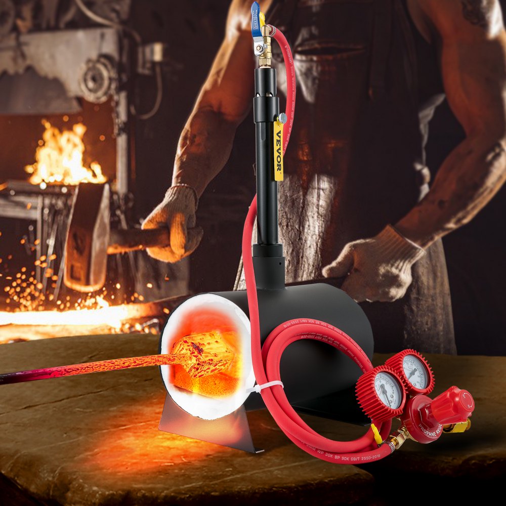 VEVOR Gas schmiedeofen 1350 °C, Brenner Schmiede 9 L, Schmiedeofen mit ein Brenner, Auskleidung mit Aluminiumsilikatfaser, Metallschmiede Max. Leistung 76,8 kWh / 262.000 BTU, Hufschmiede Rund, 7 kg