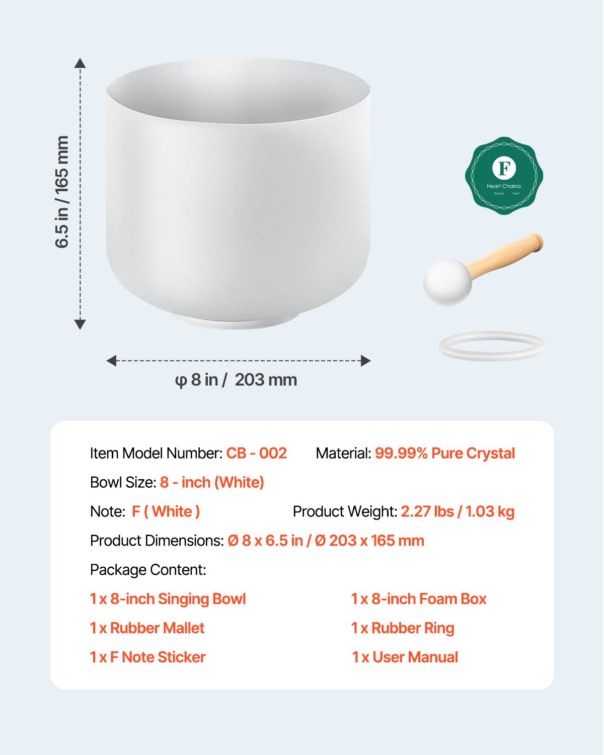 VEVOR Klangschale Kristall, 203 mm große F-Note Wurzel-Chakra Klangschale, mattierte Quarz-Klangschale mit Gummihammer und O-Ring, perfekt für Meditation, Yoga, Klangbäder, Klangheilung