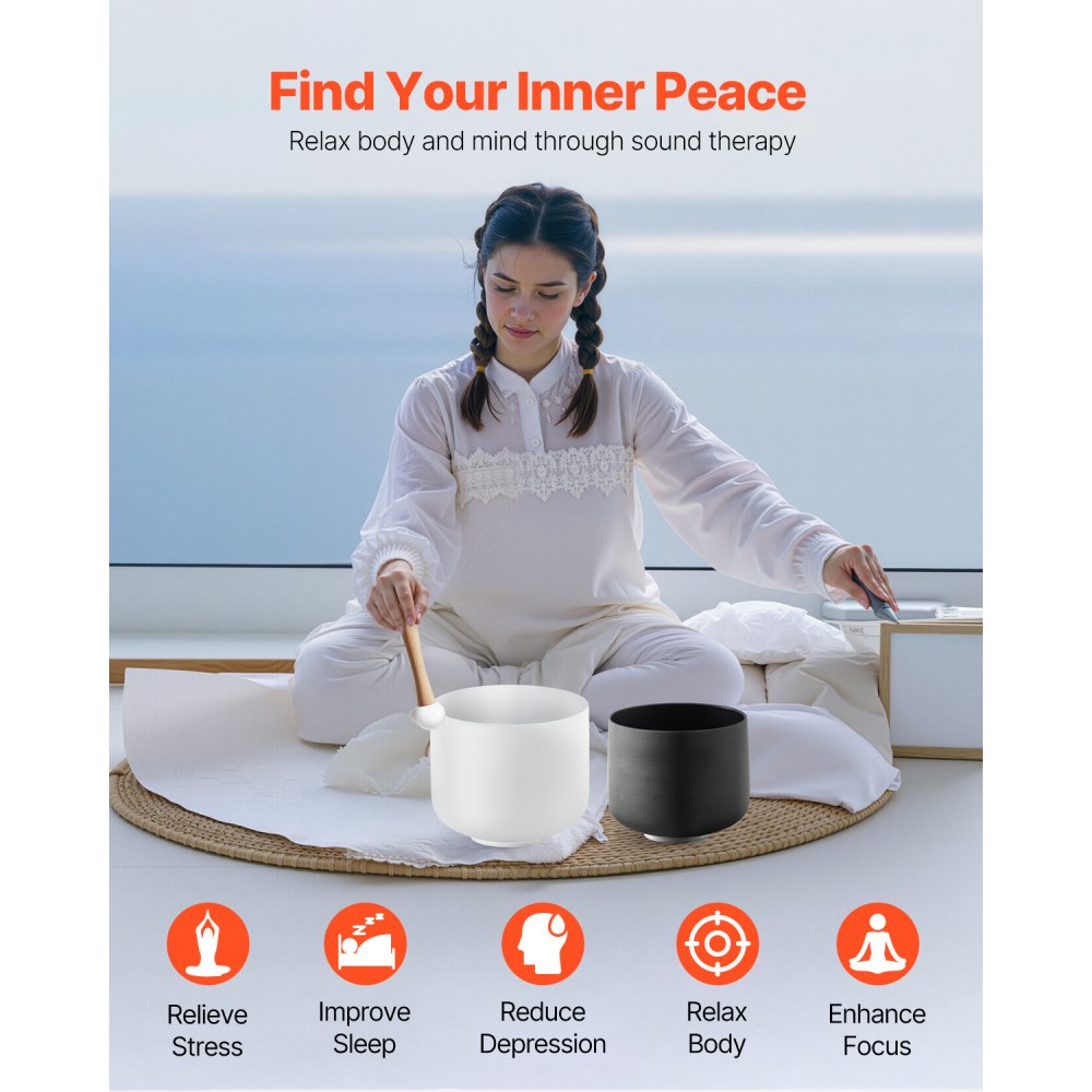 VEVOR 2 pcs. Crystal singing bowls, 203 & 254mm large A & F tone singing bowls, matte quartz singing bowl with carrying case, 1 rubber mallet and 2 O-rings, ideal for meditation, yoga, sound healing