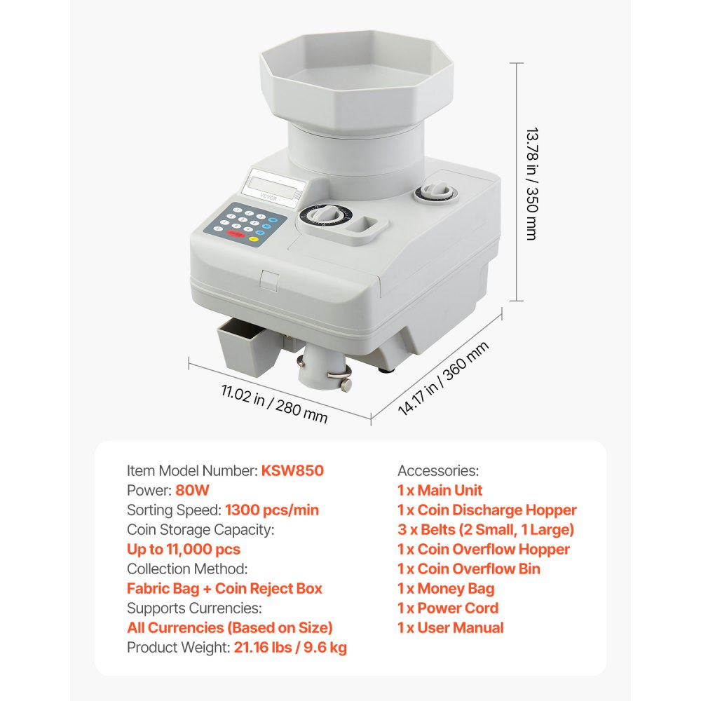 VEVOR Coin Counter Coin Sorter with LED Display for up to 11,000 Coins, Automatic Money Counter Coin Counting Machine Suitable for International Coins and Tokens