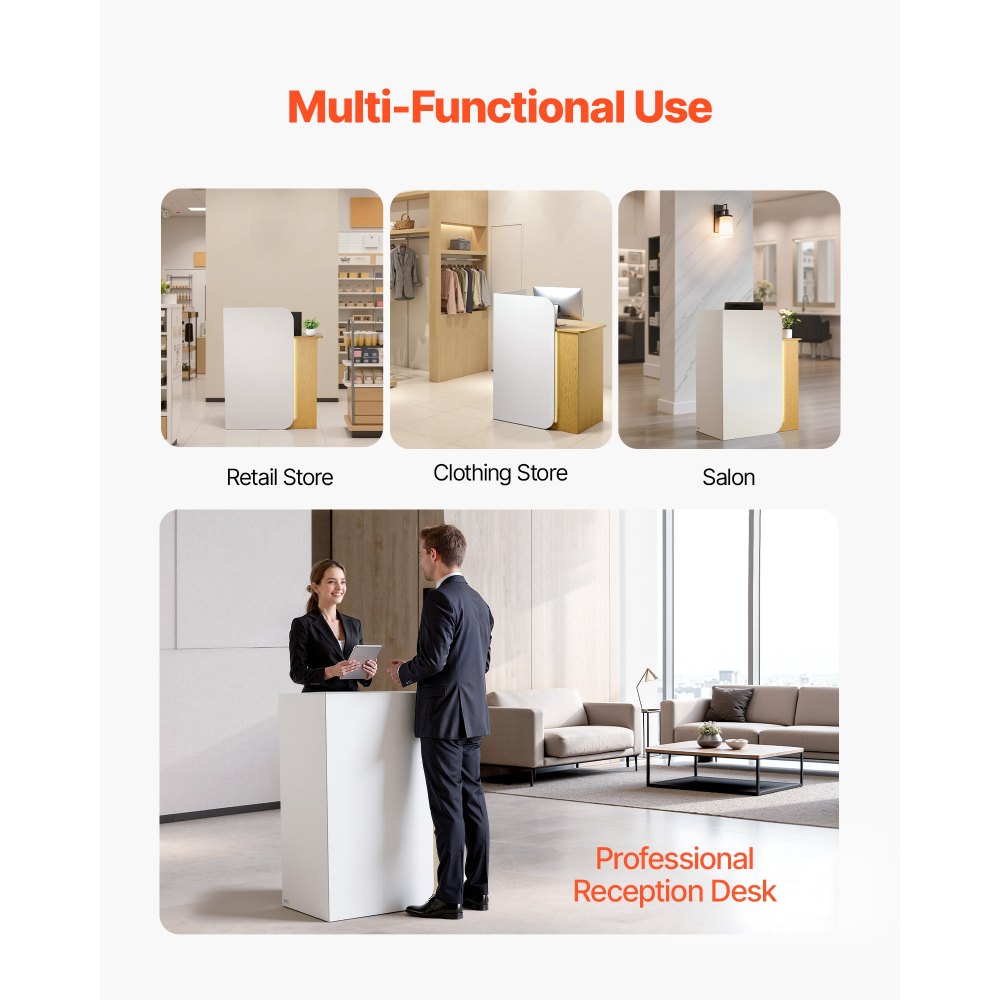 VEVOR Reception Desk, 80 cm Rectangular Front Counter Table, Modern Office Reception Desk with LED Light, 2 Drawers & Power Outlets, Retail Counter Table for Checkout, Lobby, Beauty Salon, Office