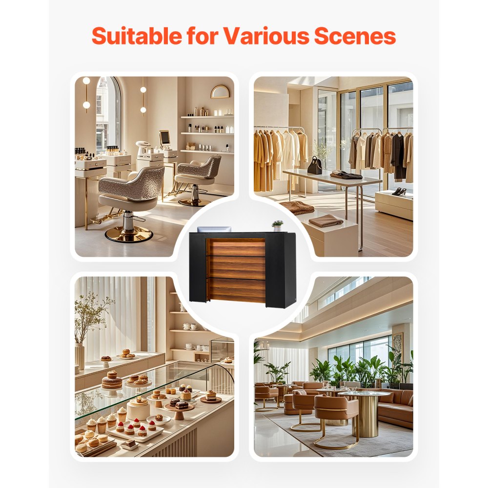 VEVOR Rezeption Empfangstresen Empfangstisch rechteckiger Thekentisch, Empfangstheke Verkaufstresen Kassentheke mit LED-Licht, Rezeptionstisch für Kasse Lobby Schönheitssalon Büro, schwarz & braun