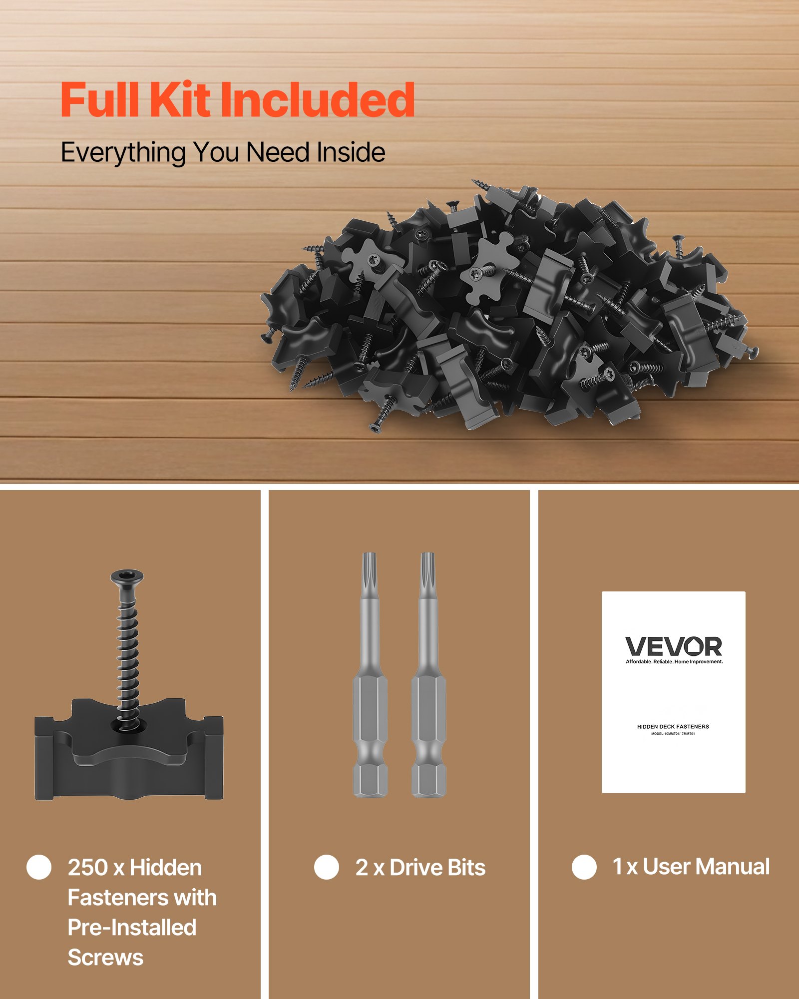 VEVOR 250x versteckte Befestigungen, Abstandshalter Terrassendielen, universelle Verbund-T-Clips & Kunststoffbefestigungen mit Schrauben, geeignet für 6,5-mm-Plattenabstände & 10 mm Plattenhöhe