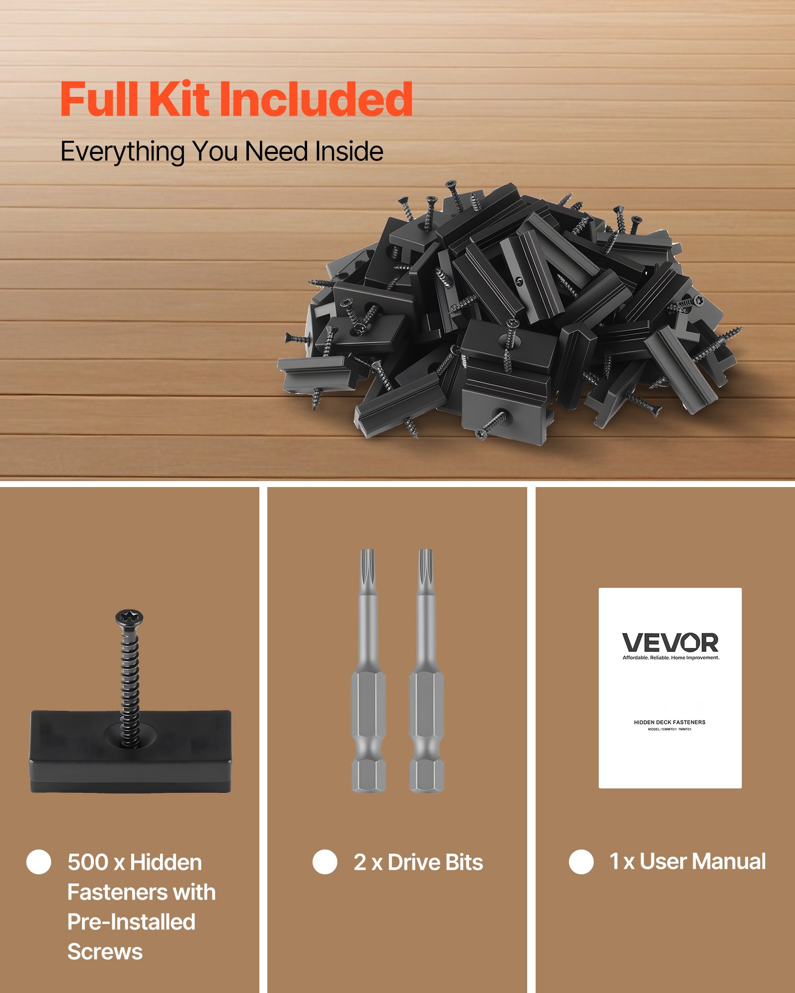 VEVOR 500x versteckte Befestigungen, Abstandshalter Terrassendielen, universelle Verbund-Clips & Kunststoffbefestigungen mit Schrauben, geeignet für 5,5-mm-Plattenabstände & 7 mm Plattenhöhe