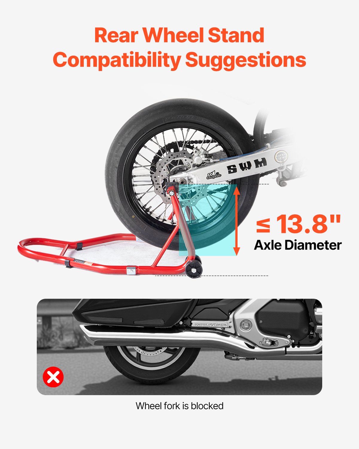 VEVOR Motorrad-Hinterradständer (385 kg Tragkraft), robuster Motorradständer mit U- und L-Gabelschwingenspule, verstellbarer Motorrad-Hebeständer für Suzuki Yamaha Honda Kawasaki, rot